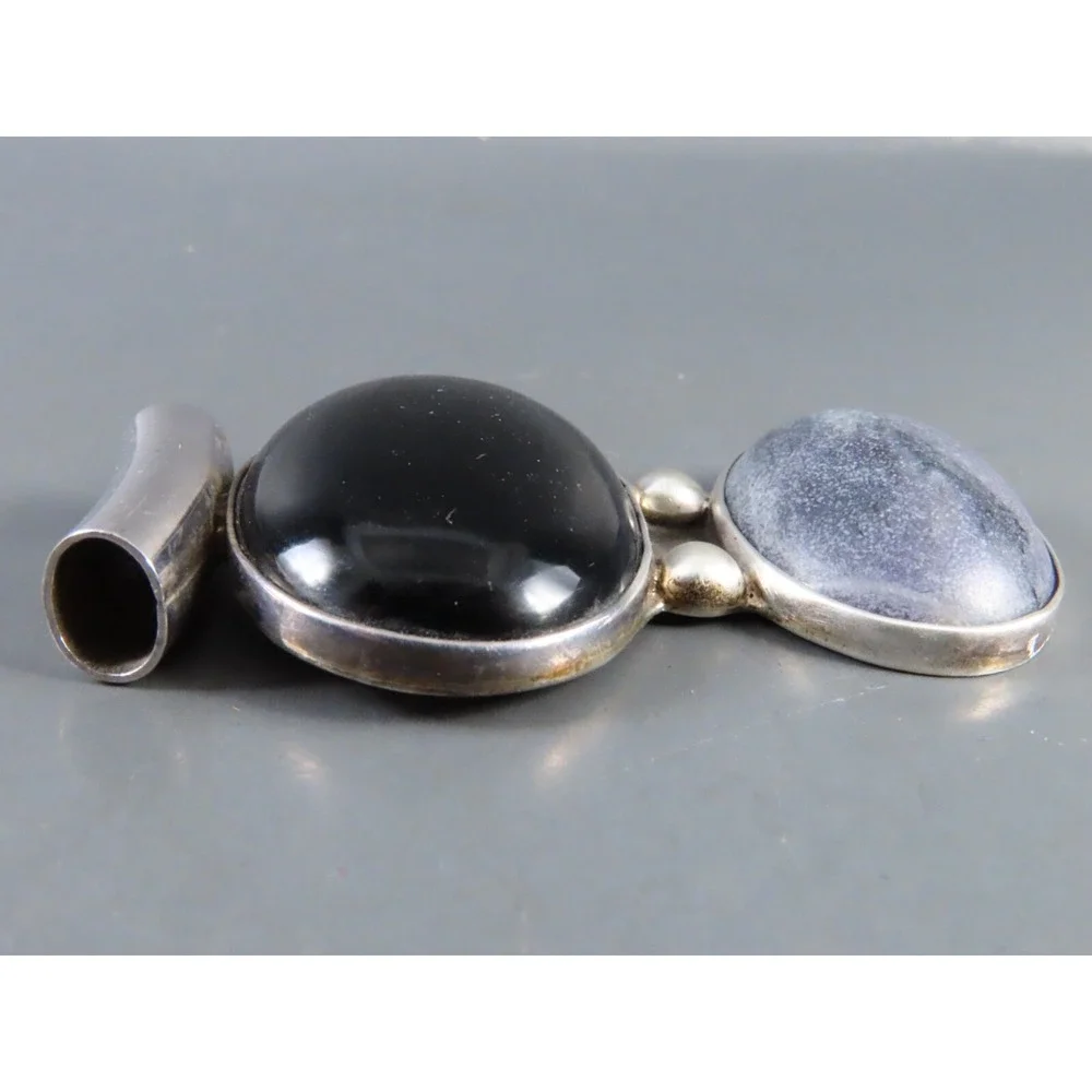 STERLING SILVER PENDANT Black Onyx & Gray Jasper? EAST/WEST OVALS Slide Bale